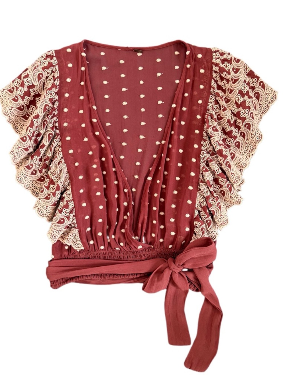 Free People x Love Margaux | Polka Dot Flutter Sleeve Eyelet Crop Top